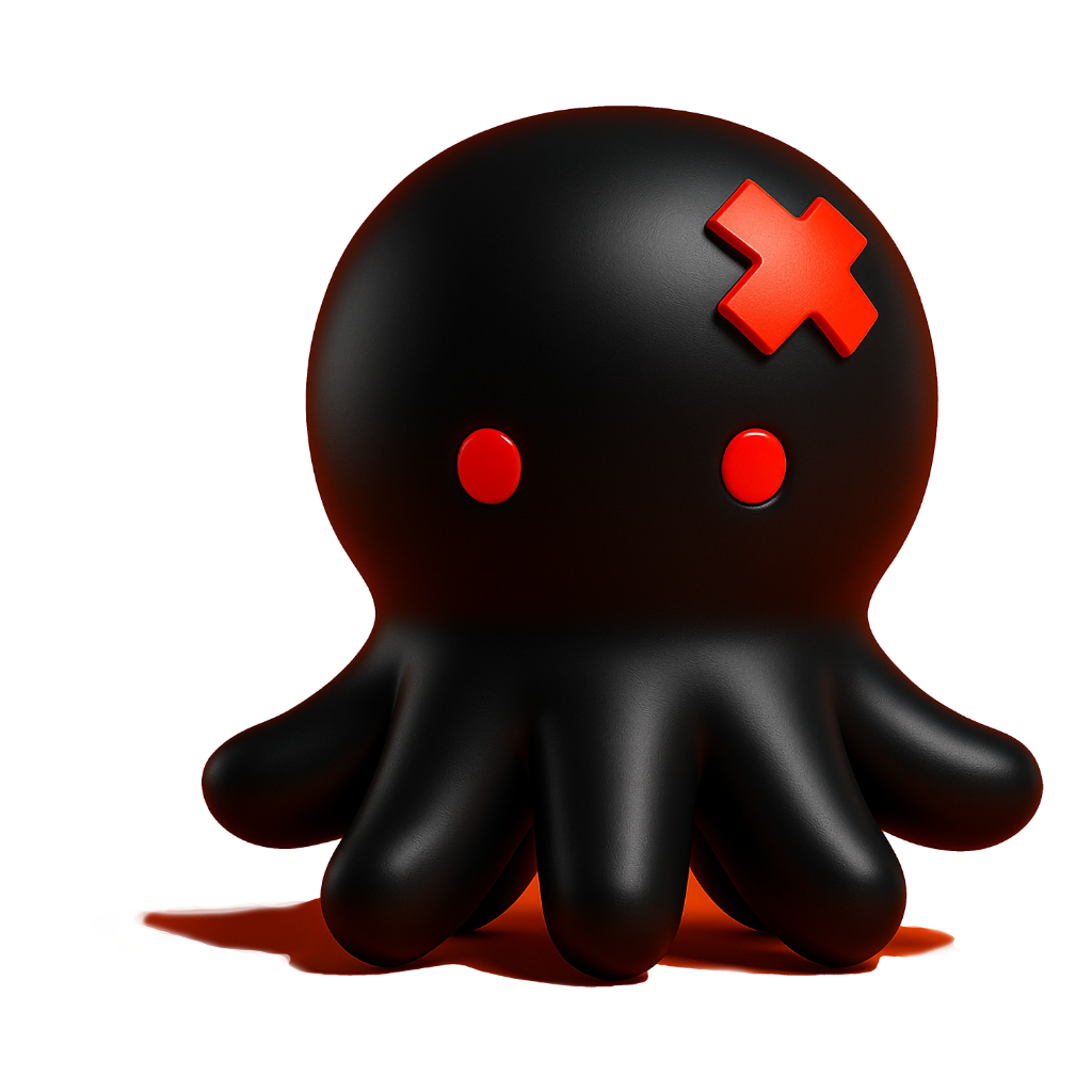 Takomecha logo, a black octopus with a red band-aid